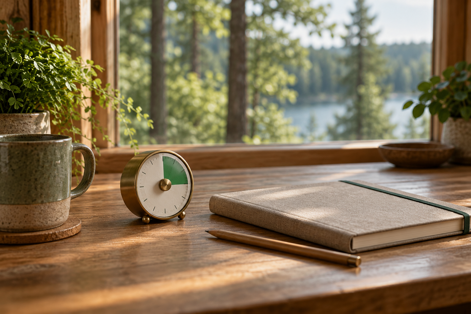 Temporizador analógico y cuaderno en un escritorio tranquilo frente al bosque