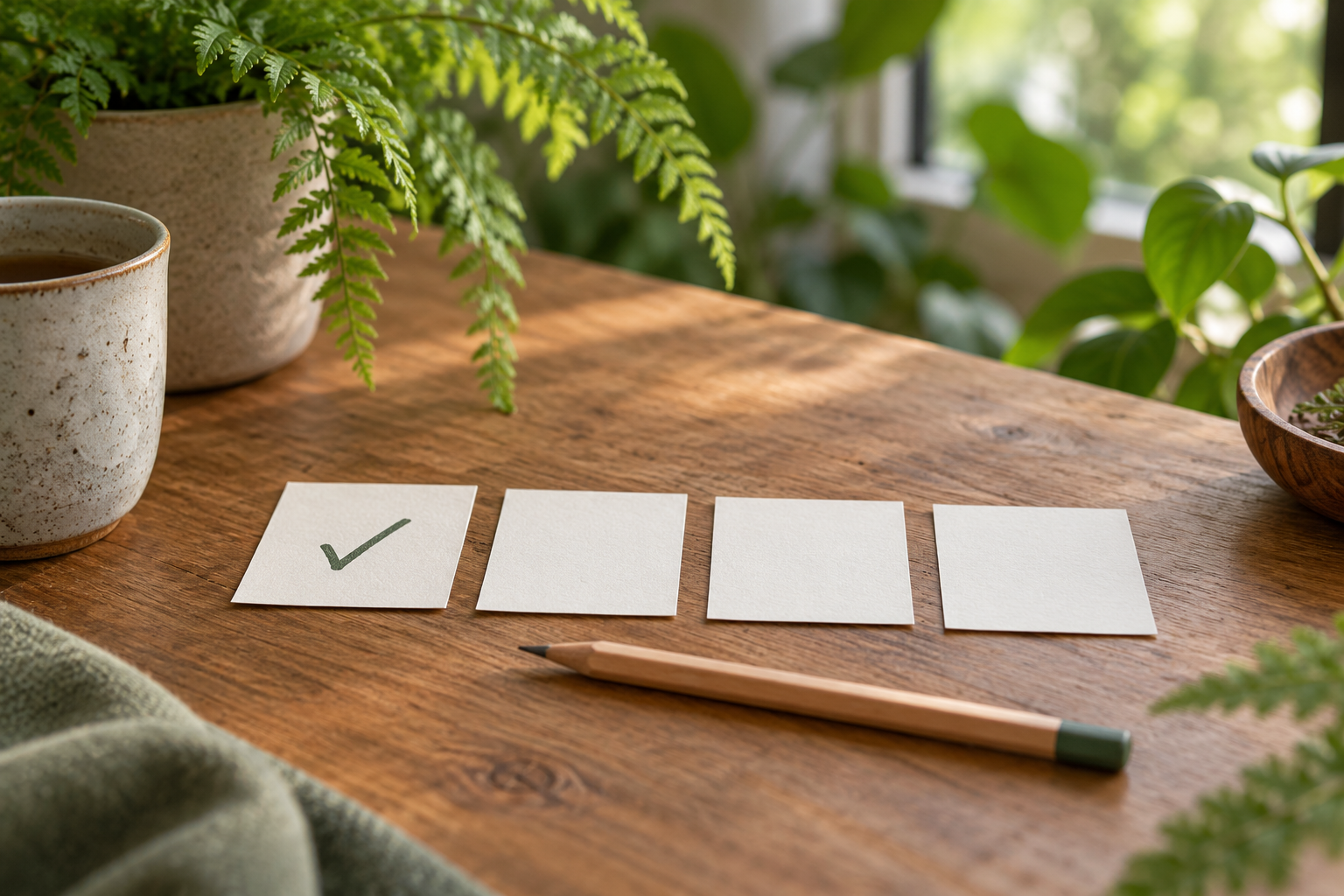 Tarjetas de tareas con una marca de progreso, lápiz y plantas verdes